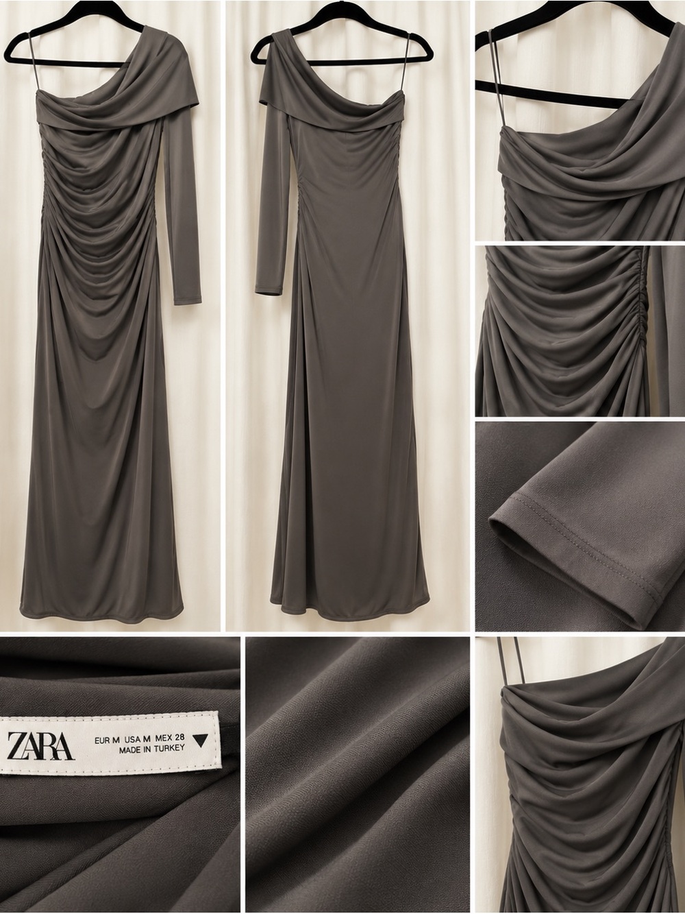 Zara One-Shoulder Draped Long Gown in Charcoal